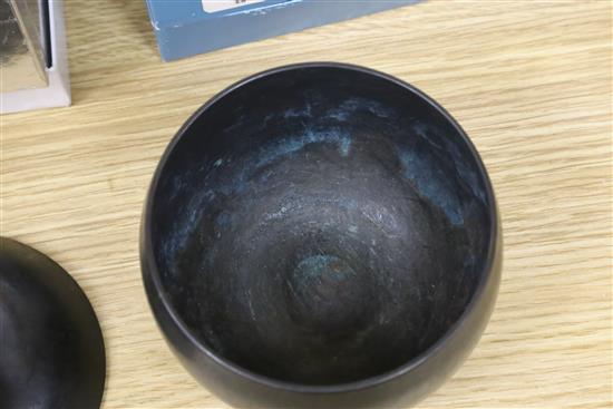 A Japanese incense burner and two items of metalware